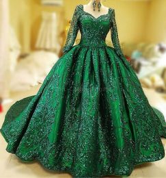 nude black lace ball gowns Australia - 2021 Plus Size Arabic Aso Ebi Luxurious Lace Hunter Green Wedding Gowns Long Sleeves Ball Gown Vintage Sparkly Bridal Dresses ZJ154