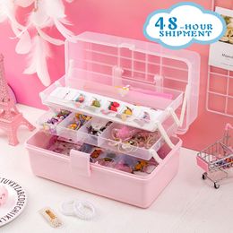 W&G Pink Transparent Plastic Multilayer Children Hair Accessories Box Desktop Cosmetics Jewellery Manicure Three-layer Storage Box 210309