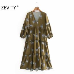 Zevity Women Fashion V Neck Animal Print Pleat Ruffles Casual Midi Dress Female Three Quarter Sleeve Chic Vestido DS4623 210603