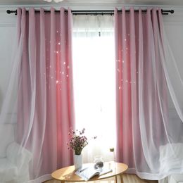 Fashion Double Blackout Curtain For Living Room Bedroom Hollow Star Window Kitchen Pink Blue Grey Drapes With White Tulle 210712