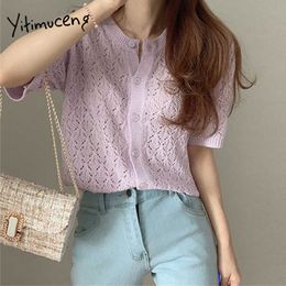 Yitimuceng Open Stitch Women Sweaters Hollow Out Button Up Straight Summer Korean Fashion Apricot Light Purple Knited Tops 210601