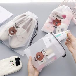 Frosted Plastic Cartoon Bear Drawstring Bag Figure waterproof Portable Cloth Shoe Socks Cosmetics Storage Bag Transparent Travel Bags