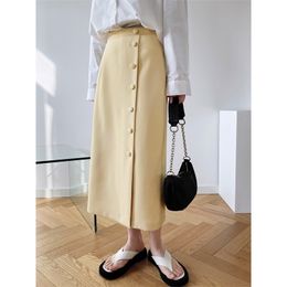 Yeeloca Spring Fashion Mid Length Casual Skirt Women's Korean Single Breasted Saias High Waist A-line 210621