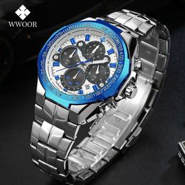 Watches Mens WWOOR Top Brand Fashion Sports Stainless Steel Chronograph Wateproof Big Bial Military Men Quartz Wrist Watch 210527