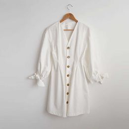 PERHAPS U White V Neck Button Dress Long Sleeve Solid Pleat Bow Short Mini Dress Casual D0619 210529