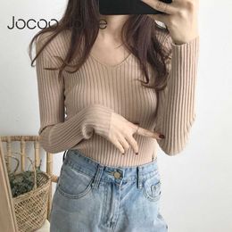 Jocoo Jolee Women Elegant Solid V Neck Knitted Sweater Long Sleeve Simple Wild Slim Pullovers Korean Harajuku Knitting Tops 210619