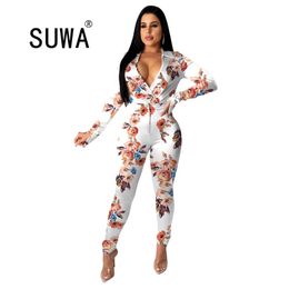 Women Two Piece Set Floral Printed Long Sleeve Turn Down Collar Top & High Waist Bodycon Skinny Pants Work Suits Tracksuit 210525