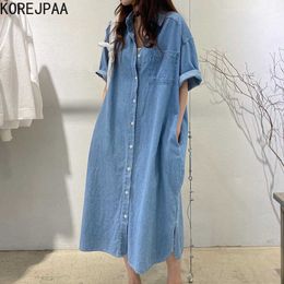 Korejpaa Women Dress Summer Korean Retro Lapel Single-Breasted Casual Loose Multi-Pocket Design Over Knee Denim Vestidos 210526