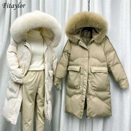 Fitaylor Winter Large Natural Fur Collar Hooded Down Long Jacket Women White Duck Coat Windbreak Sleeve Warm Outwear 211216