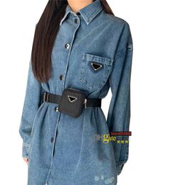 Casual denim camisa vestido cintura saco decoração cinto fivela vestidos de manga longa triângulo etiqueta saias para mulher streetwear