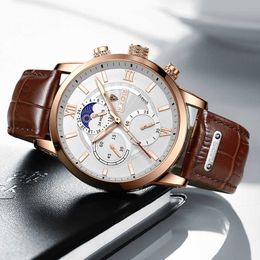 2021 LIGE Watches Mens Top Brand Luxury Clock Casual Leathe 24hour Moon Phase Men Watch Sports Waterproof Quartz Chronograph Box X226b