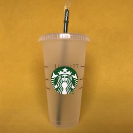 -Starbucks 24 oz / 710ml Forma de pilar Taza de paja Taza de plástico Taza de plástico Reutilizable Beber copa inferior plana DHL gratis