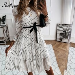 Southpire Simple O-neck White Polka Dot Party Dress Women Long Sleeve Casual Daily Dress Bohemian Style Chiffon Vestidos Clothes 210309