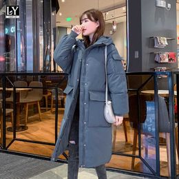 LY VAREY LIN Cotton Coats Women Winter Big Pockets Hooded Parkas Korean Style Thicken Long Padded Jackets Bubble 210526