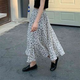 Thickened Vintage Floral Print A-line Pleated Long Skirt Women Korean Streetwear Drawstring Elastic Waist Midi Lined 210621