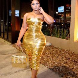 Casual Dresses Gold Metallic Club Party Birthday Dress For Women Elegant Off Shoulder Ruched Strapless Bodycon Midi Vestido De Festa