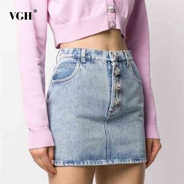 Casual Patchwork Diamond Button Denim Skirt For Women High Waist Blue A Line Mini Skirts Female Summer Fashion Clothing 210531