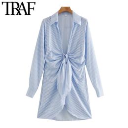 TRAF Women Chic Fashion With Knot Striped Pleated Mini Dress Vintage Long Sleeve Irregular Female Dresses Mujer 210306