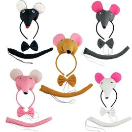 Party Favor Plush Mouse Rat Headband Headwear Tail Bow Tie Set Girl Hair Animal Cosplay Carnival Christmas Halloween Decoration Props