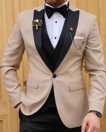 Custom Made Groomsmen Peak Black Lapel Groom Tuxedos One Button Men Suits Wedding/Prom/Dinner Best Man Blazer ( Jacket+Pants+Tie+Vest ) W980