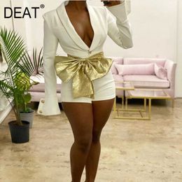 DEAT Spring Removable Golden Bow Notched Collar Sinble Breasted Button Slim Blazet Playsuits Women MH366 210709