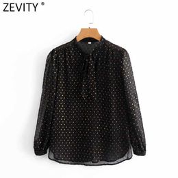 Zevity Women Fashion Metal Dots Stitching Black Chiffon Shirt Ladies Puff Sleeve Pleats Blouse Roupas Chic Femininas Tops LS9040 210603