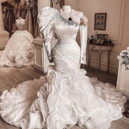 Mermaid Dresses One Shoulder Long Sleeves Beaded Ruffles Sweep Train Plus Size Wedding Bridal Gown Vestido De Novia