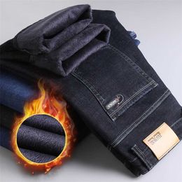 Winter Thermal Warm Flannel Stretch Jeans Mens Quality Famous Brand Fleece Pants Men Straight Flocking Trousers Jean Male 220115