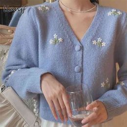 Floral Embroidered Knitted Cardigan Women Fashion Sweater Oversize Vintage V Neck Long Sleeve Top Female Outerwear Chic Top 210917