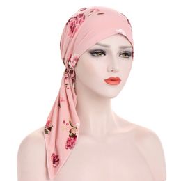 2021 Muslim Women Pre-Tied Hijab Hat Floral Print Turban Beanie Bonnet Chemo Caps Islamic Headwear Hair Loss Cover Headscarf Bandana