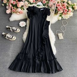 Summer Vintage White/Black/Yellow Midi Dress Women Elegant O-Neck Sleeveless Ruffle Draped Loose Vestidos Female Fashion 2021 Y0603