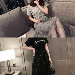 Women O-neck Dress Mesh Sequined High Waist Loose Trendy Sweet Casual Korean Style Mid-calf Chic Female Clothes Summer Ulzzang C0304