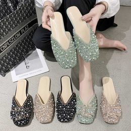Rimocy Shining Sequins Pearl Slippers Women Summer Bow Square Toe Crystal Sandals Woman Outdoor Flat Heel Mules Ladies 210528