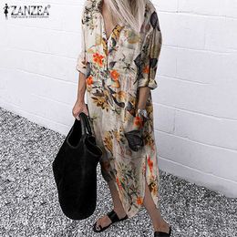 ZANZEA 2021 Retro Printed Shirt DrWomen's SundressAutumn Casual Long Sleeve Midi Vestidos Female Button Robe Plus Size 5XL X0529