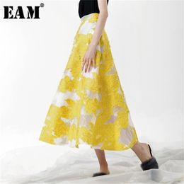 [EAM] New Spring Summer Fashion Tide Yellow Patchwork Flower Embroidery Zippers Simple All-match Thin Woman Skirt S618 210310