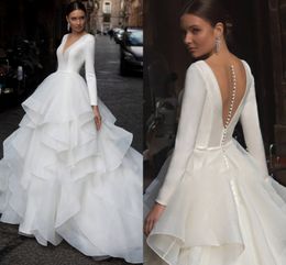 Mariage Romantic V-Neck Long Sleeve Wedding Dress 2021 Ruffles Organza Court Train Sheer Princess Bride Gown Plus Size Bridal Dress