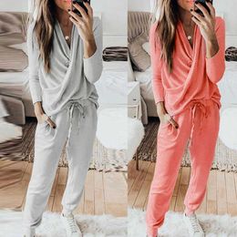 @40 Fashion New 2 Piece Set Women Tracksuit Solid Colour Pants Sets Leisure Wear Lounge Wear Suit Ensemble Femme Y0625