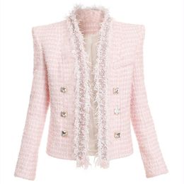 2023 Fall Autumn Long Sleeve V Neck Pink Beaded Rhinestone Buckles Blazer Tweed Double-Breasted Blazers Elegant Top Quality Outwear Coats O1O13202 Plus Size 2XL