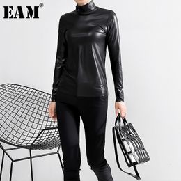 [EAM] Women Black Brief Pu Leather Temperament T-shirt New Stand Collar Long Sleeve Fashion Tide Spring Autumn 2021 JY93301 210315