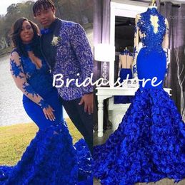 Plus Size Royal Blue Mermaid Prom Dresses For Black Girls Keyhole Neck Long Sleeve African Evening Gowns 2022 3D Florals Dress Elegant Formal Party Vestio De Noche