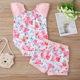 Summer Children Sets Casual Sleeveless O Neck Patchwork Rompers Print Floral Shorts Cute 2Pcs Girls Boy Clothes Set 0-2T 210629