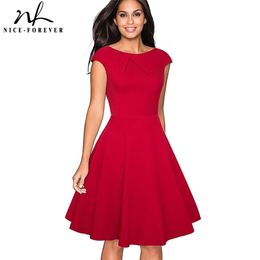 Nice-forever Vintage Solid Color Elegant Dresses with Cap Sleeve A-Line Pinup Women Flare Swing Dress A067 210309
