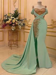 Plus Size Arabic Aso Ebi Lace Beaded Mermaid Prom Dresses mint green Spaghetti Satin Evening Formal Party Second Reception Bridesmaid Gowns Dress