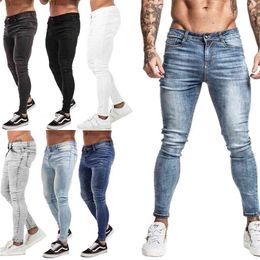 GINGTTO Jeans Men Elastic Waist Skinny Stretch Ripped Pants Streetwear s Denim Blue 210716