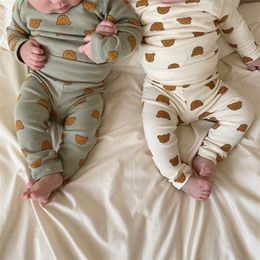Newborn Boys Long Sleeve Bodysuit Spring Autumn Cartoon Bear Print Toddler Casual Clothes Set Baby 2pc Outfits 210309