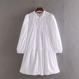 women elegant hollow out embroidery casual white shirtdress female long sleeve lace edge vestidos chic mini dresses DS3435 210316