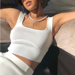 Sampic Underwear 2021 Summer Ribbed Knitted Sexy Square Collar White Crop Tops Casual Women Off Shoulder Tank Top Y0824