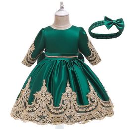 Christmas Baby Girl Dress Embroidery Half Sleeve Princess Dresses for Wedding Party With Headband Clothes 1-6Y D0127 210610