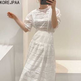 Korejpaa Women Sets Summer Korean Chic French Round Neck Lace Stitching Puff Sleeve Shirt High Waist Hollow Crochet Skirt 210526