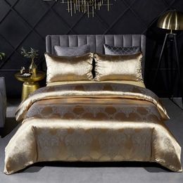 Dropshipping Wedding Luxury Bedding Sets Jacquard Duvet Cover Set Wedding Bedclothes Gold 2/3pcs Bedclothe Queen King 210317